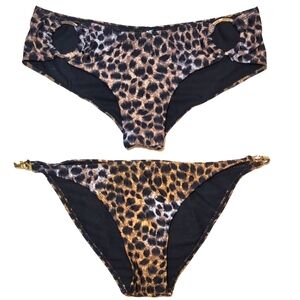 Set Of 2 Seductions Bikini Swim Bottoms Leopard Print Gold Womens Large + XL